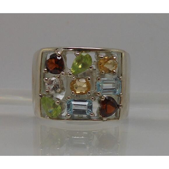 Vintage Gemstone Sterling Silver Ring Size 7 1990's Garnet Citrine Topaz Peridot - Picture 1 of 12
